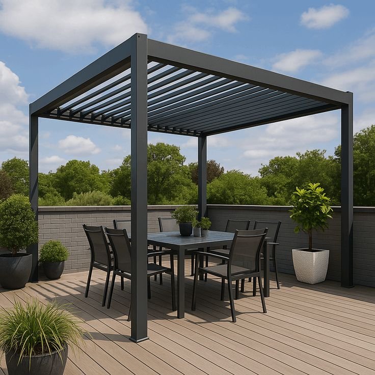 برجولة ألومنيوم للأسطح (الروف) مع جلسة طعام.